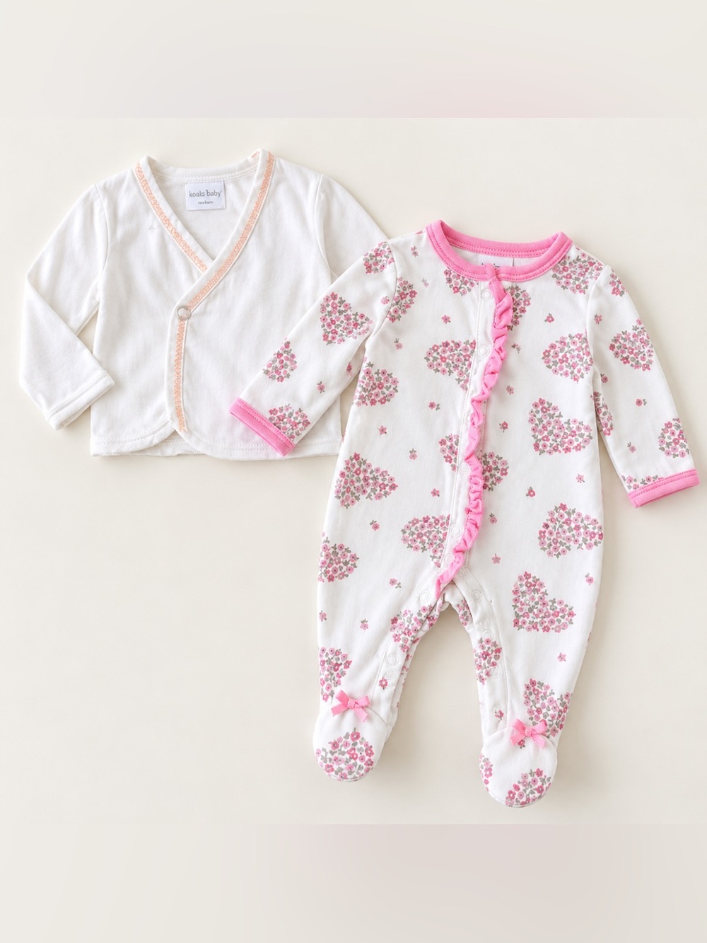 Koala Baby Newborn Girl Floral Heart Footed Sleeper & Long Sleeve Shirt Set
